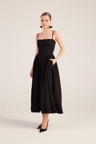 Askılı Gloplu Uzun Bridged Elbise Siyah