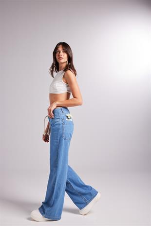 Beli Bağlamalı Orta Düşük Bel Yumuşak Dokulu Lose Jean Pantolon Mavi