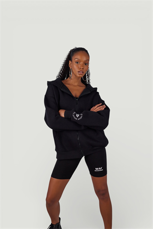 Uzun Kol Kapüşonlu Fermuar Kapamalı Hoody Sweatshirt Siyah