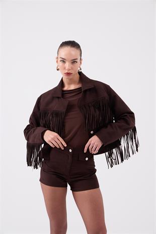 Püskül Detaylı Valeri Süet Ceket Kahve 