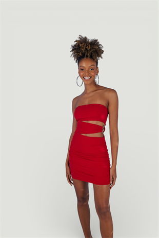 Straplez Mini Buble Elbise Kırmızı