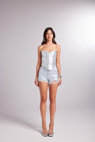 Özel Yapım Parlak Kaplamalı Glossy Jean Şort Mavi