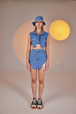 H Baskılı Cepli Mini Jean Yelek Mavi