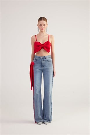 Yüksek Bel Kurdele Detaylı Wide Leg Kyla Jean Pantolon Mavi