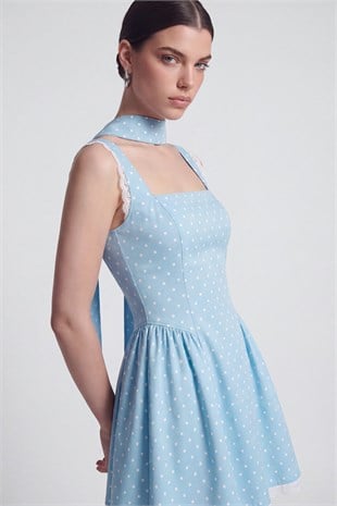Polka Dot Shawl Detail Lace Mini Yvonne Dress Blue