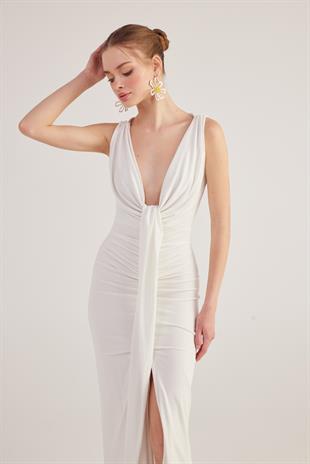 V Yaka Yırtmaçlı Astarlı Uzun Kate Elbise Beyaz