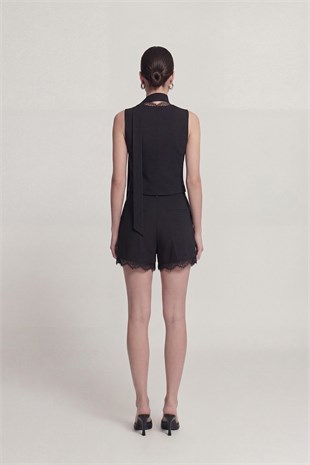 High-Waisted Pleated Lace Nina Shorts, Black