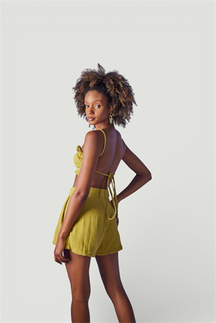 Yüksek Bel Düğme Kapamalı Playa Şort Yeşil