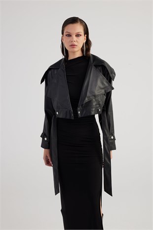 Crop Model Astarlı Kemerli Neeko Deri Ceket Siyah