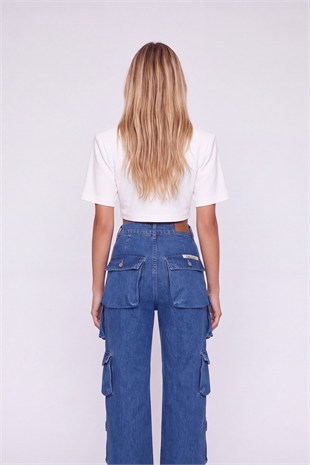 Yüksek Bel Wide Leg  Cargo Jean Pantolon Mavi