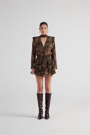 Asimetrik Kesim Leopar Desenli Şortlu Kaia Etek Kahve