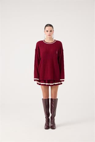 Logolu Örgü Desenli Oversize Triko Harold Kazak Bordo