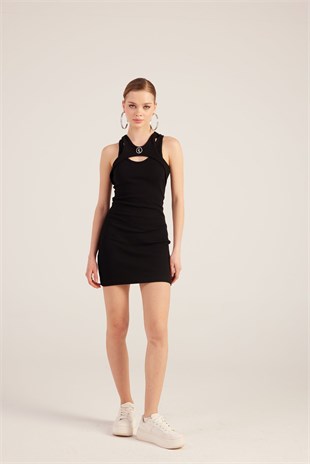 Halter Yakalı Fitilli Mini Carlin Elbise Siyah