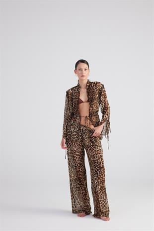 Beli Lastikli Leopar Desenli Şifon Savage Pantolon Kahve
