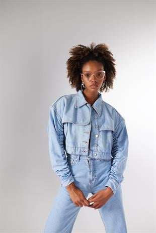 Crop Model Düğmeli Crespo Ceket Mavi