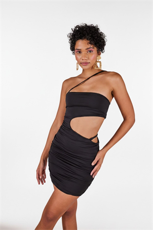 Çapraz Askı Detaylı Bel Dekolteli Drapeli Mini Bae Elbise Siyah