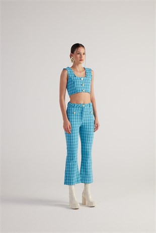 İspanyol Kesim Tüvit Tweed Pantolon Mavi