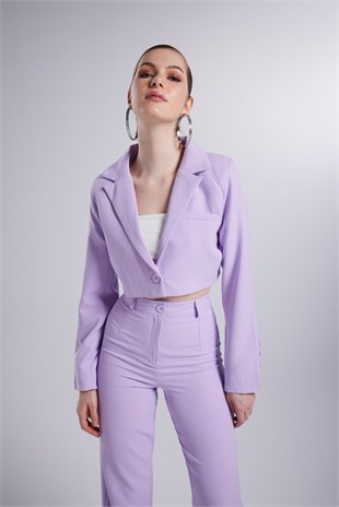 Vatkalı Atlas Kumaş Crop Model Panky Ceket Lila