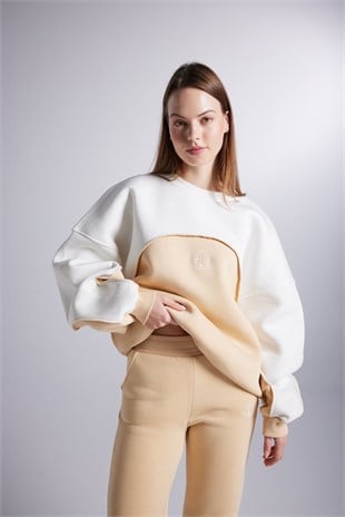 Şardonlu 3 İplik Kumaş Logolu Oversize Nola Sweatshirt Bej