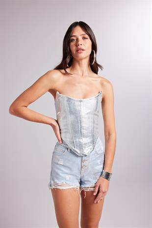 Özel Yapım Parlak Kaplamalı Glossy Jean Şort Mavi