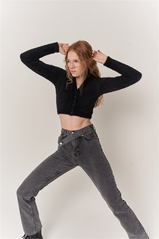 Kadın Gri Denim Kumaş Yüksel Bel Straight Kesim Fuerza Jean Pantolon