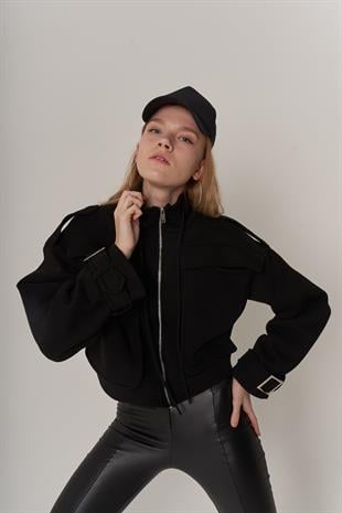 Kadın Siyah Yaka İpli Fermuar Kapamalı Uzun Kol Kemer Detaylı Puliva Ceket