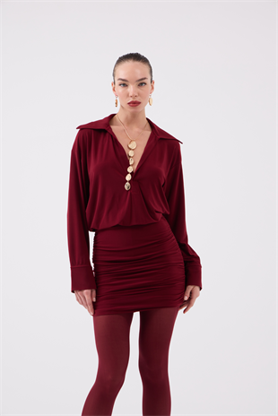 Eteği Büzgü Detaylı Gömlek Yaka Jaida Elbise Bordo