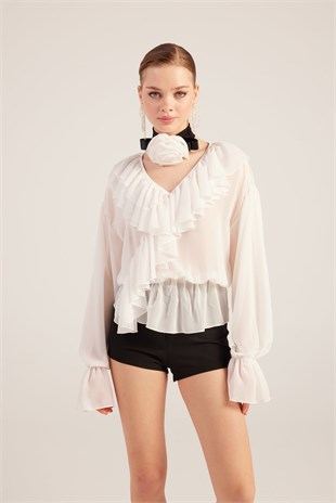 Fırfırlı Güllü Choker Aksesuarlı Şifon Sassy Gömlek Beyaz