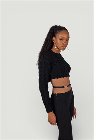 Crop Model Bisiklet Yaka Örgü Merit Kazak Siyah