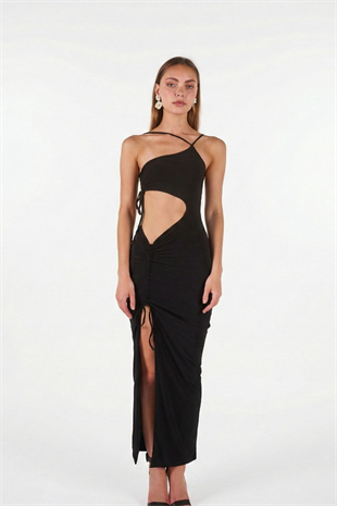 Tek Omuz Göbek Dekolteli Yırtmaçlı Esnek Ellie Elbise Siyah