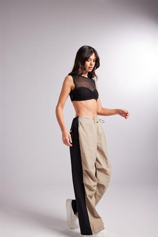 Bel ve Paçası Ayarlanabilir Lastikli Çift Renk Bicolor Paraşüt Pantolon Bej