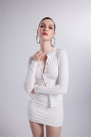 Çıtçıtlı Uzun Kollu Anna Bluz Beyaz