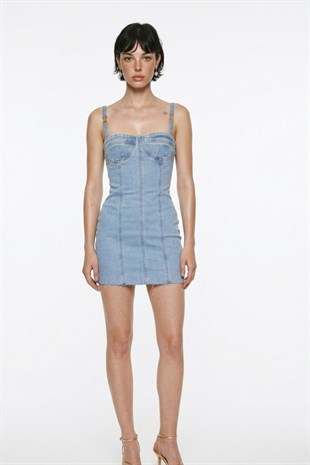 H Aksesuarlı Likralı Mini Danny Jean Elbise Mavi