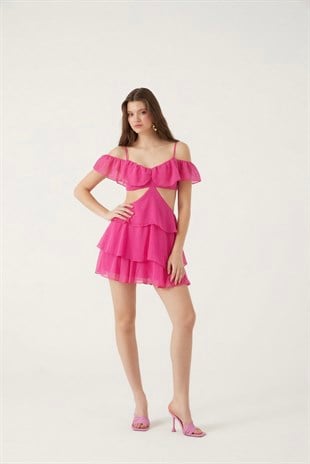 Mini Boy Dekolteli Açık Omuz Detaylı Ruby Elbise Pembe