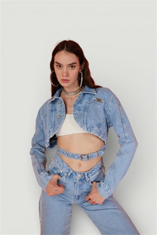 Crop Model Düğme Kapamalı Biana Jean Ceket Mavi