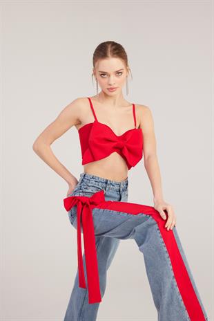 Kurdele Görünümlü Crop Jazmin Bluz Kırmızı