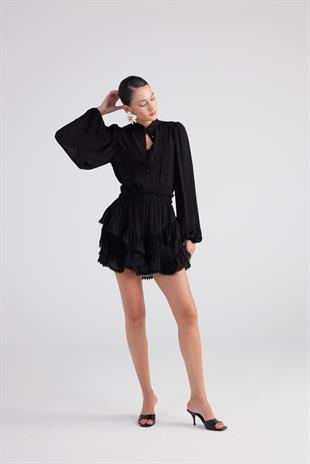 Brode Detaylı Asimetrik Kesim Astarlı Mini Pixie Etek Siyah