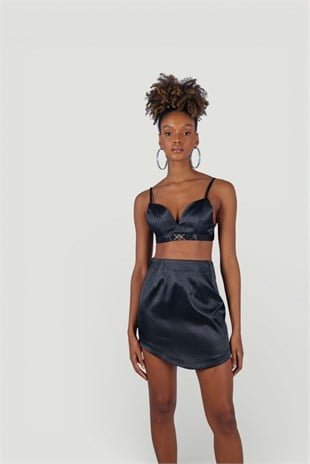 Askılı Crop Saten Fancy Büstiyer Siyah