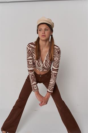 Crop Model Düğme Kapamalı Uzun Kol Lufo Bluz Kahverengi