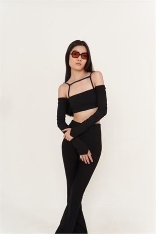 Crop Model Askılı Uzun Kol Molly Bluz Siyah