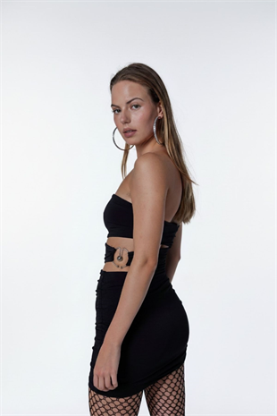 Straplez Mini Buble Elbise Siyah