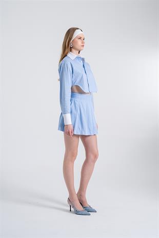 Çizgili Pilili Mini Harmony Poplin Etek Mavi