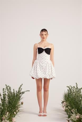 Puantiyeli Kurdele Detaylı Balon Etekli Mini Erica Elbise Beyaz