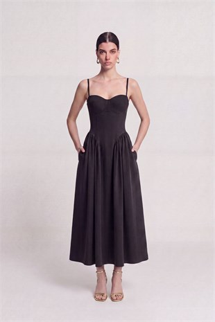 Askılı Gloplu Uzun Bridged Elbise Siyah