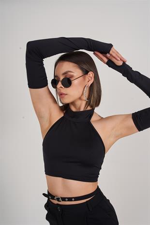 Crop Model Kol Detaylı Pretty Bluz Siyah