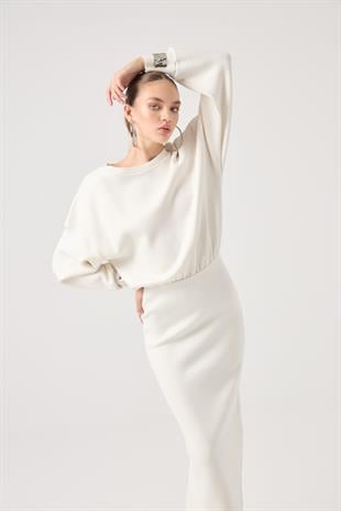 Soft Dokulu Uzun Jacey Triko Elbise Beyaz