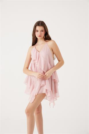 Fırfırlı Boyundan Bağlamalı Mini Lea Elbise Pembe