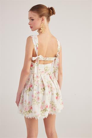 Eteği Brode Detaylı Çiçekli Mini Romance Elbise Pembe