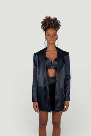 Vatkalı Uzun Kol Astarlı Saten Fancy Blazer Ceket Siyah