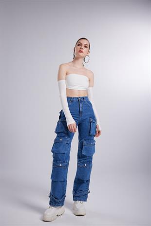 Yüksek Bel Wide Leg  Cargo Jean Pantolon Mavi
